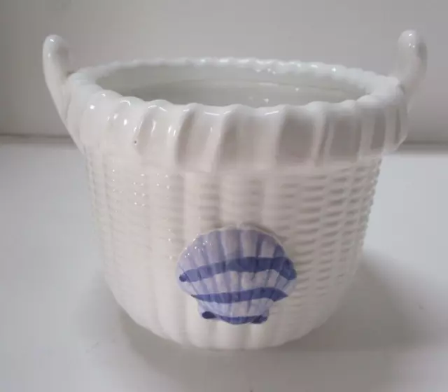 Small White Porcelain Basket Blue Seashell Design