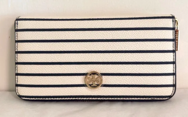 Tory Burch Robinson Navy Fleet Stripe printed zip Continental Wallet