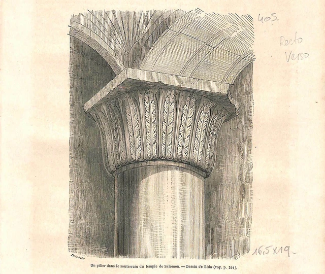 Piliers dans le souterrain du Temple de Salomon Jérusalem Palestine GRAVURE 1860