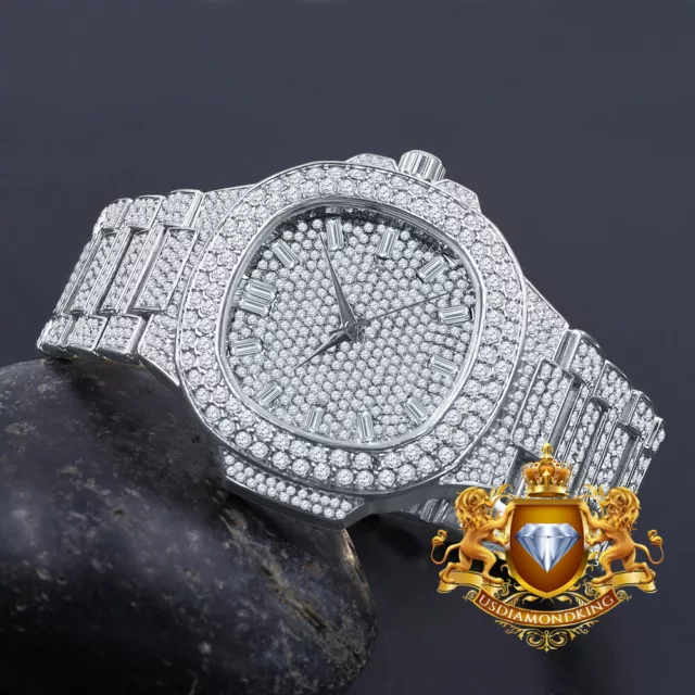 Mens White Gold Finish Simulated Diamond Solid Steel Back 43mm Metal Band Watch