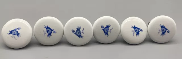6 Vintage Ceramic Cabinet Knobs Country Blue Floral Hand Painted w/ Screws