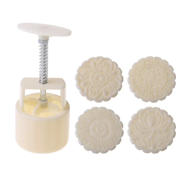 100g Mooncake Mold 4 Flowers Stamps Round Hand Press Moon Cake Pastry DIY