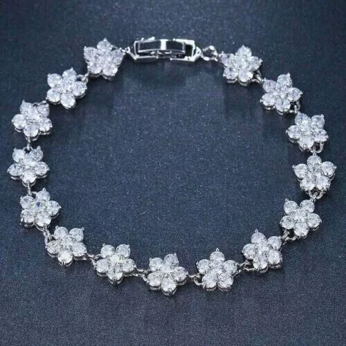 Flower Style Women Moissanite Tennis Bracelet 14K White Gold Plated Silver 7.5"