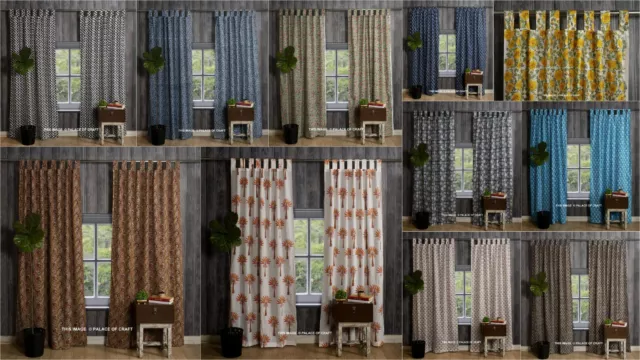 2 Piezas Indio Mano Bloque Estampado Cortina Ventana Decoración Múltiple Algodón