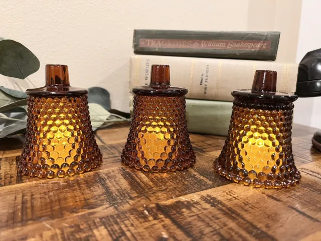 Vintage Dark Amber Hobnail Glass Tealight Candle Holder Set of 3