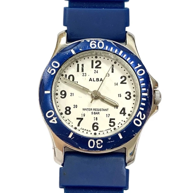 SEIKO ALBA V501 1C10 Analog Ladies Diver Watch White Blue Dial 5ATM ...