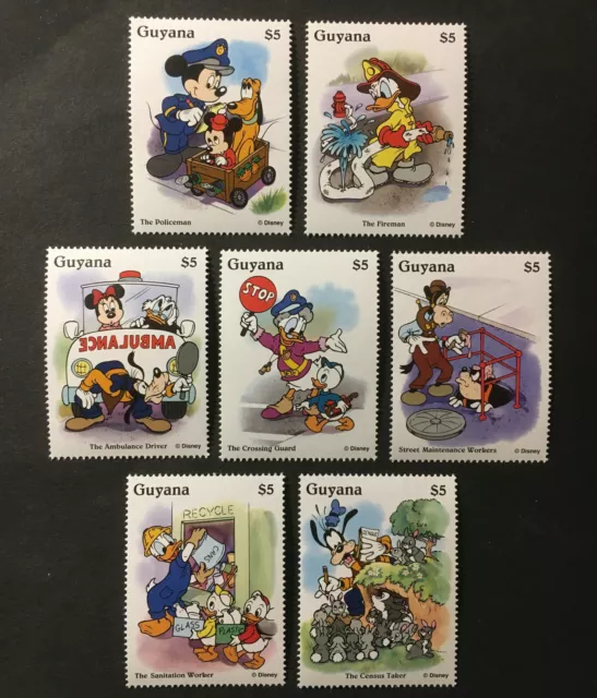 Disney Public Service Workers Mickey Donald Goofy MNH Set 7 Stamps 1996 Guyana