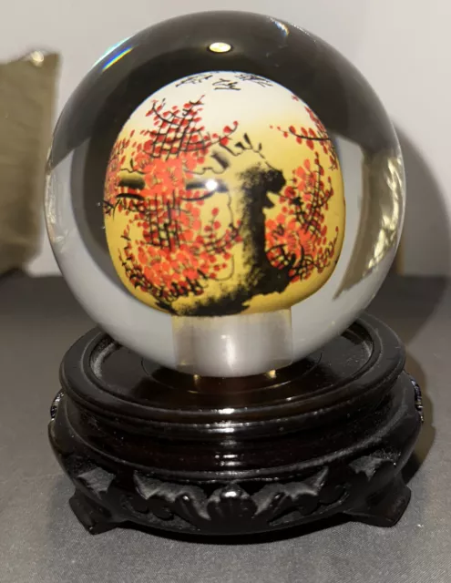 Chinese Reverse Painted Floral Blossom Art Glass Ball Paperweight 2.25” W/ Stand