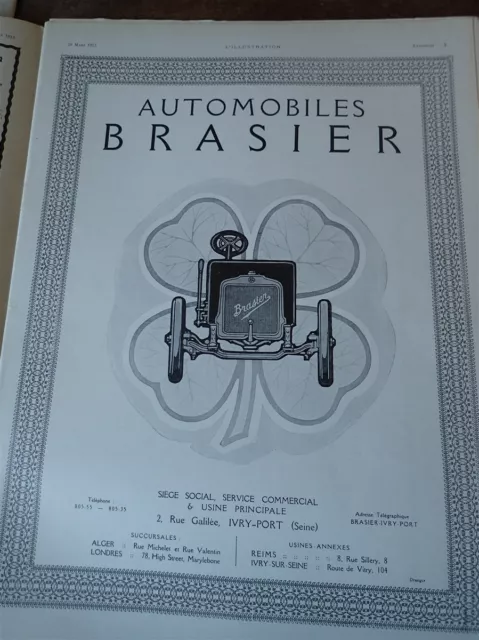 BRASIER automobile IVRY PORT publicité papier ILLUSTRATION 1913 col