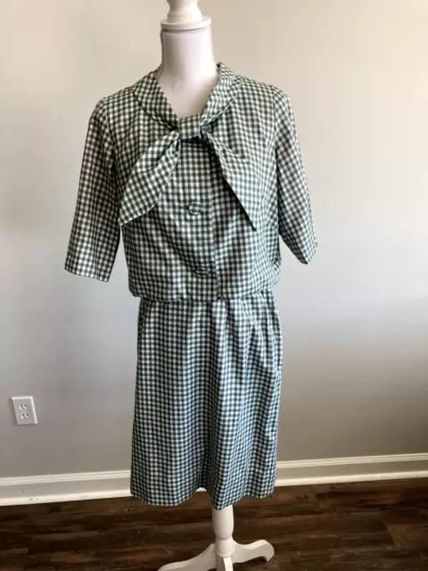 Vtg 1950s 2 Piece Women's Skirt Suit Green Checker Medium large Retro Cute