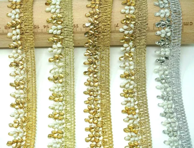 1M/2.5 Cm Wide Metallic Beads,Studs Zari Lace Trim Edging border Sew On Embelish