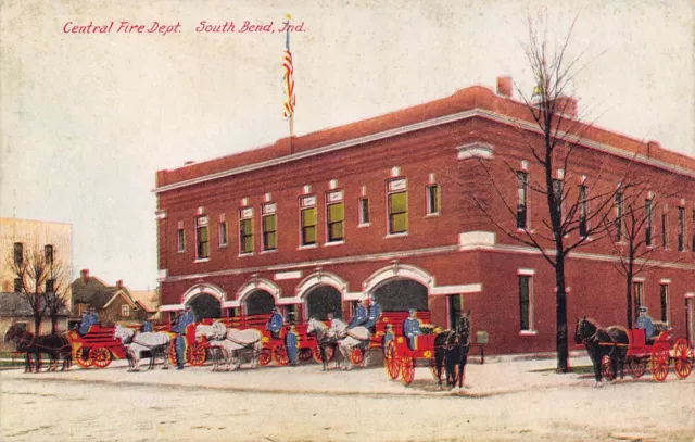 South Bend Indiana~Central Fire Department~Station~Horse Wagons~Firemen~1910 PC