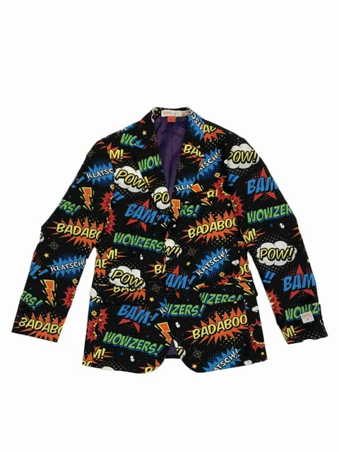 MENS BLACK BOOM PowBadaboom Fighting Comic Book Signs Suit Sportscoat