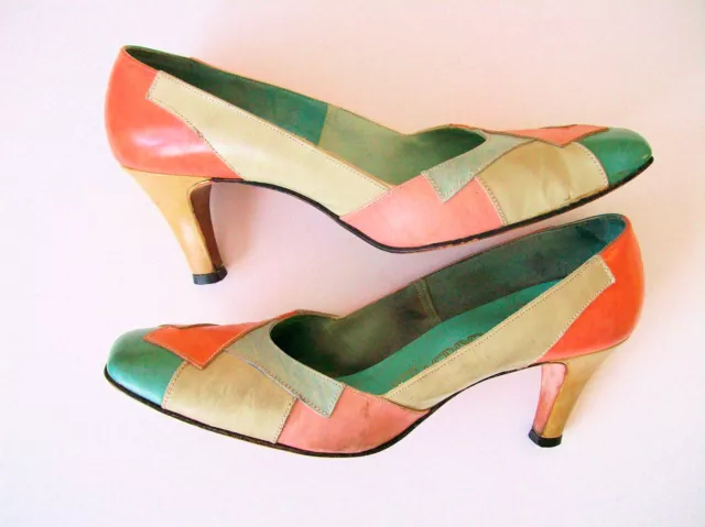 Patchwork Vintage Heels Pump Multicolored Pastel 7.5 AA Narrow Leather Stiffened