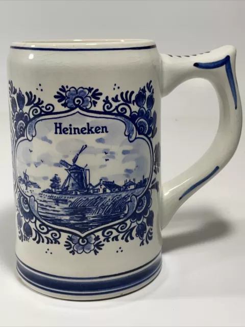 Vintage Heineken Delft Blue Holland Porcelain Beer Stein Mug Windmill Dutch 16oz