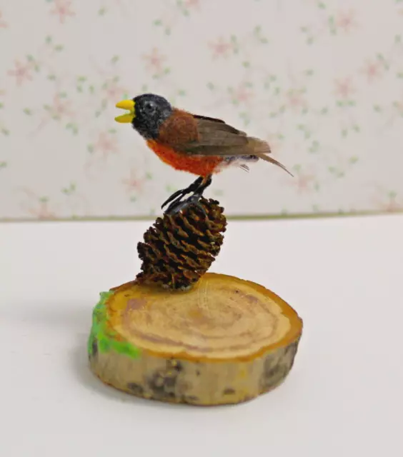 Original OOAK Mini Miniature Dollhouse flocked American Robin Bird N Woolmer