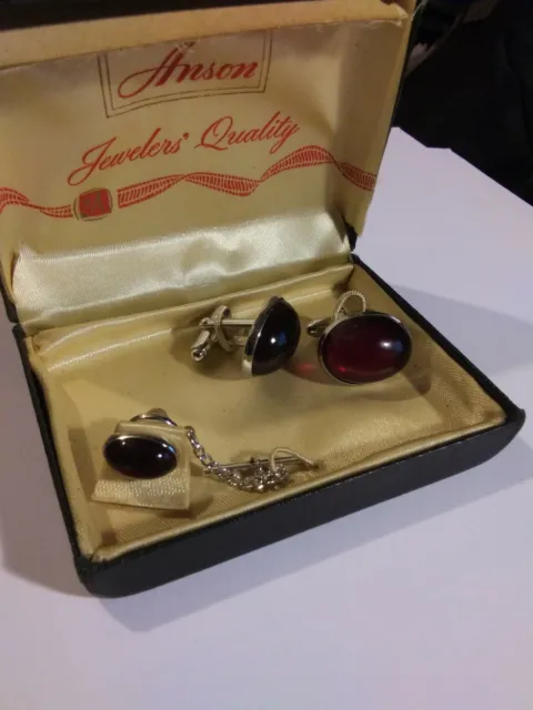 Vintage ANSON cufflinks with matching tie pin set~garnet red with original case