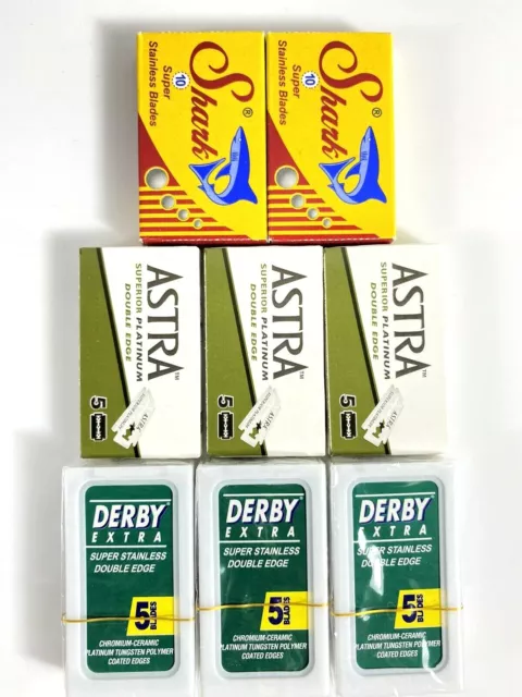 50 Astra Shark Derby High Quality Double Edge Safety Razor Blades Variety Pack