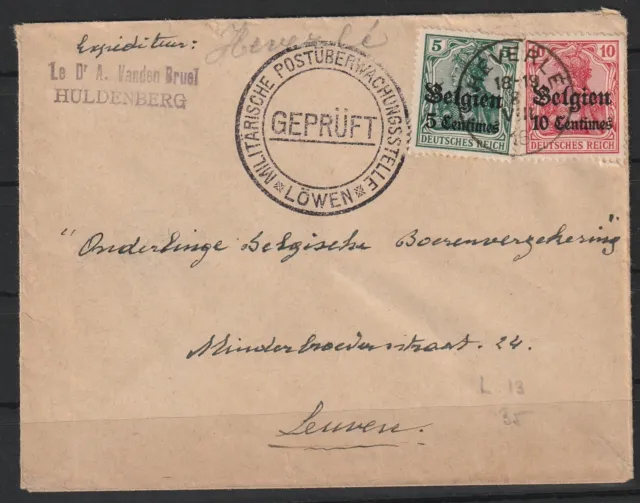 Bes. I. WK - Belgien Brief v. Huldenberg n. Leuven, Zensur Löwen 1916 #1091526