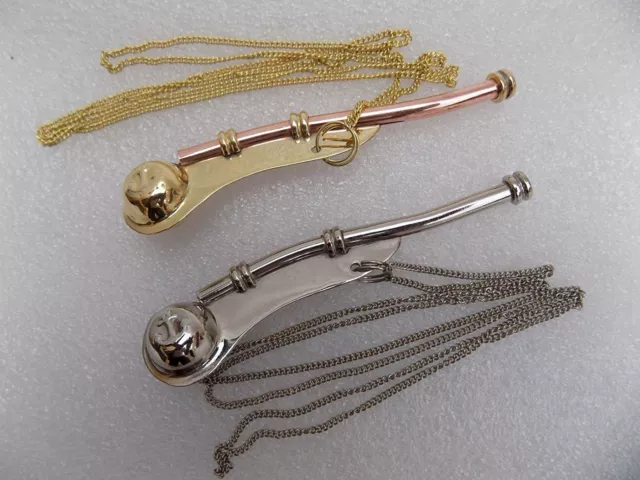 Brass Boatswain Whistle 5" With Chain Bosun Call Pipe Nautical - Set Of 2 chain
