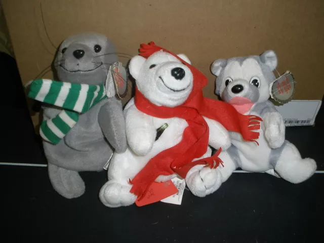 Lot Of 3 Coca Cola Plush Bean Bags Seal, Husky Dog, Polar Bear