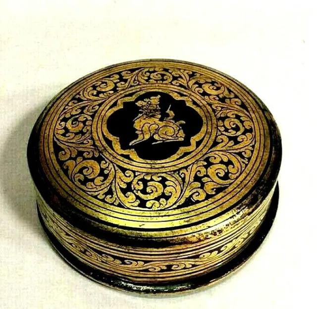 Burmese Lacquer Black  Gilded Gold  Box Handwork Singha Figure