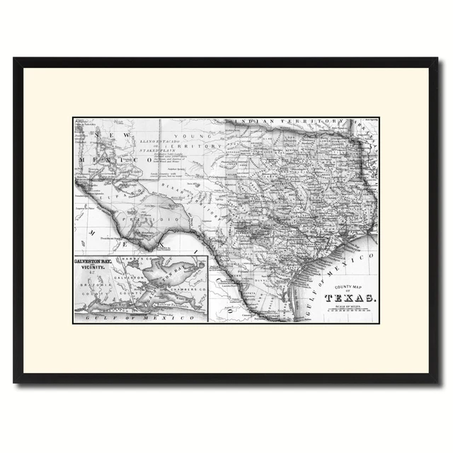 Texas Vintage Bandw Map Canvas Print With Picture Frame Home Decor Wall Art Gift