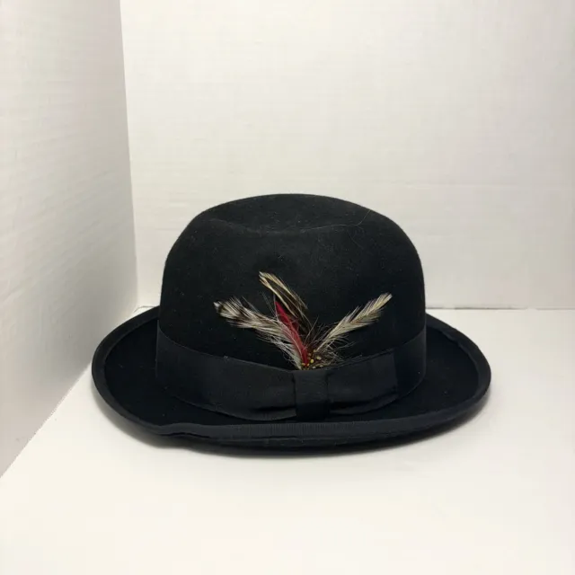 Black 100% Wool Derby Hat with Removable Feather / Made is USA / Vintage / Small