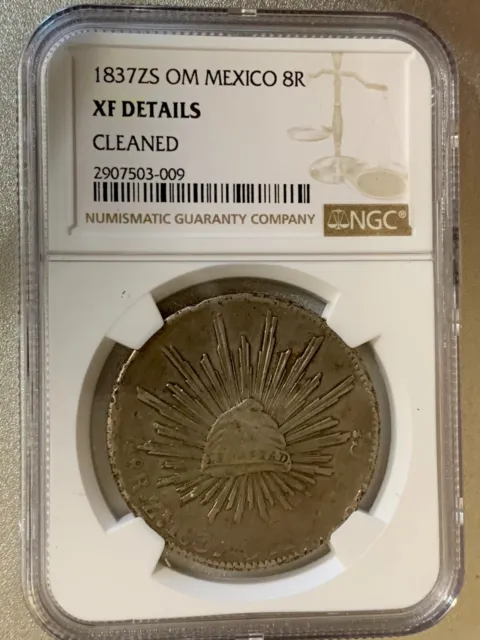 1837 Zs OM Mexico Cap & Rays Silver 8 Reales 8Rs NGC XF Scarce Free Shipping