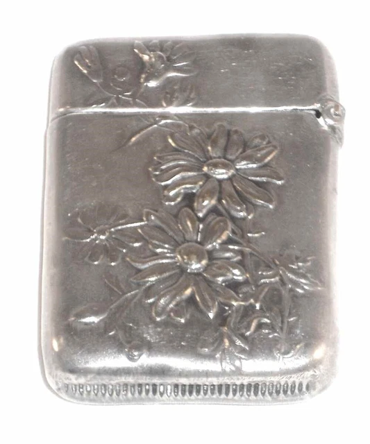 Antique Silver Colored Metal Match Safe or Vesta Raised Black-eyed Susan Flowers