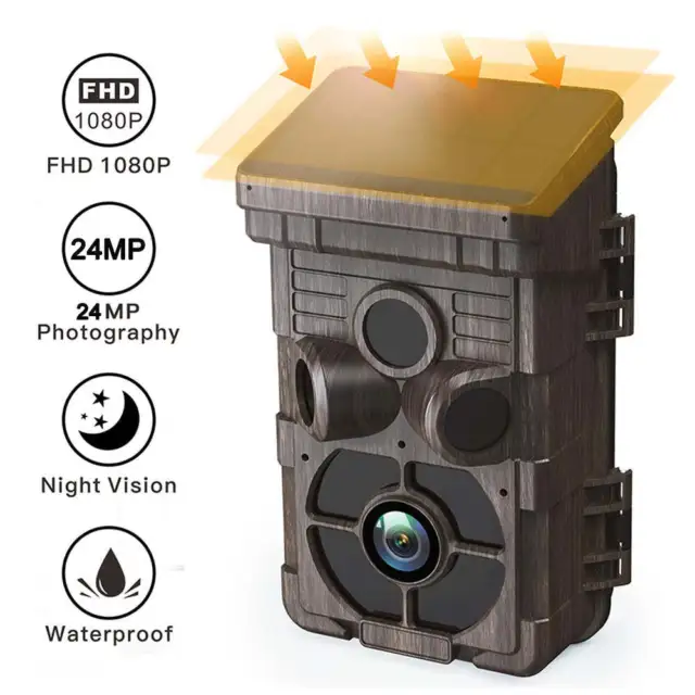1080P Solar Trail Camera 24MP Wildlife Scouting Hunting Game Cam Night Vision