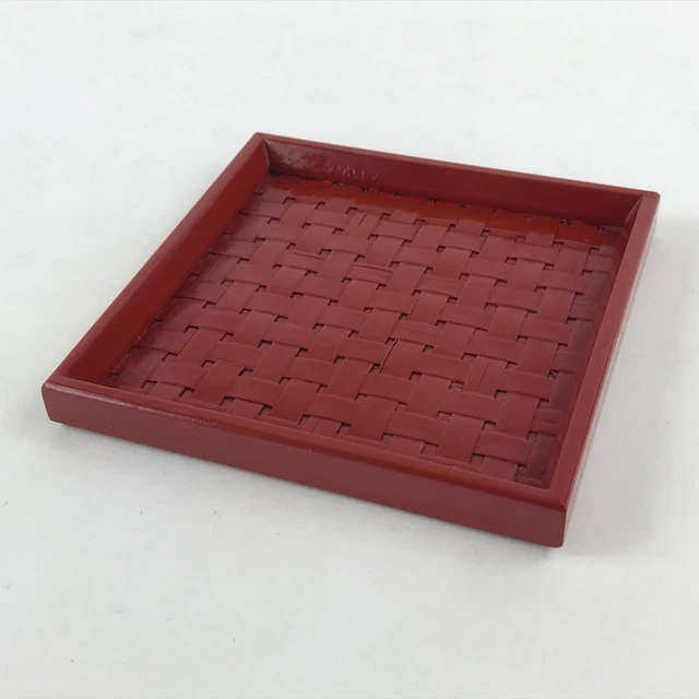 Japanese Lacquered Wooden Serving Tray Vtg Small Obon Red Weave Pattern UR893