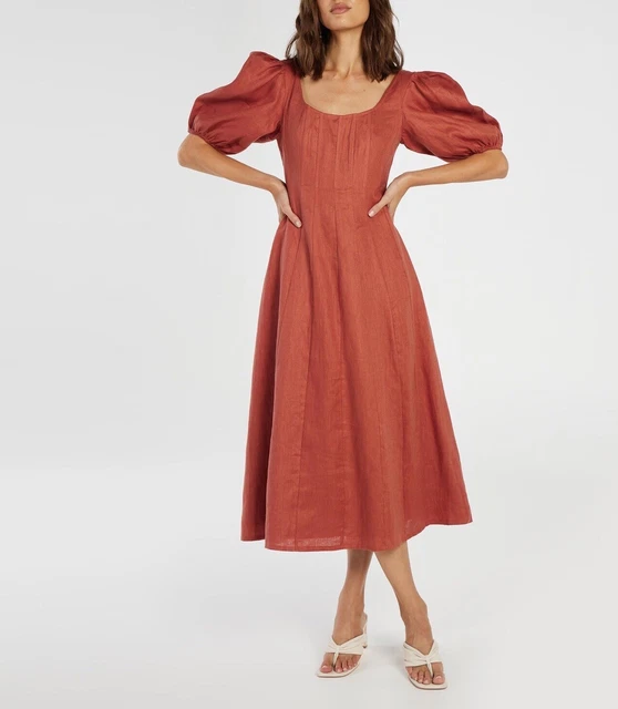 AERE PUFF SLEEVE Linen Midi Dress Rust Orange Size 6 BNWT EUR 46,12 ...