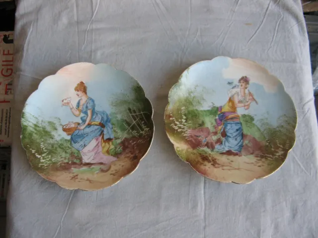 Très belle paire d'assiette ancienne en porcelaine de Limoges Oiseaux et chats