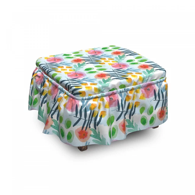 Ambesonne Floral Pattern Ottoman Cover 2 Piece Slipcover Set and Ruffle Skirt