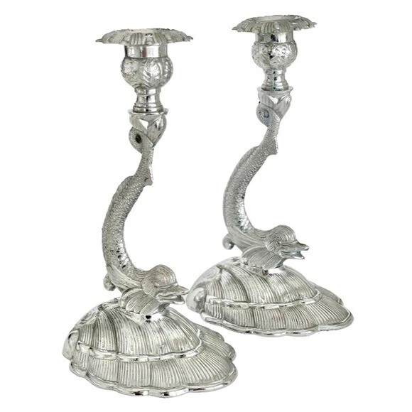 Giltoy 1940’s Chrome Plated Stylized Dolphin Candle Stick Set Vintage