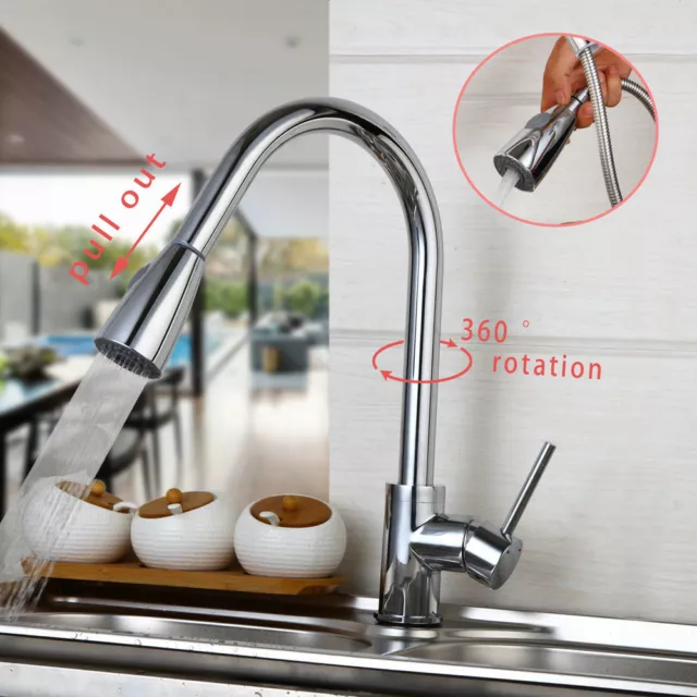 Kitchen Sink Basin 360° Swivel & Pull Out Spray Mixer Faucet Chrome Finish Tap