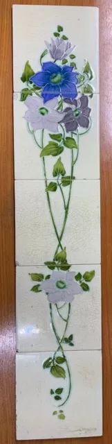 Floral 5 pc Set Tiles Rare England Vintage Antique Art Deco Fireplace Nouveau