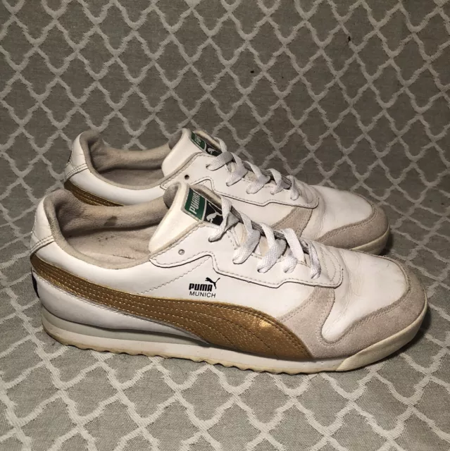PUMA MUNICH WHITE Black Orange Striped Leather Athletic Shoes Sneakers Men s 13 21.95 PicClick