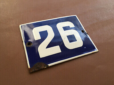 ANTIQUE VINTAGE FRENCH ENAMEL SIGN HOUSE NUMBER 26 DOOR GATE SIGN BLUE 1950's