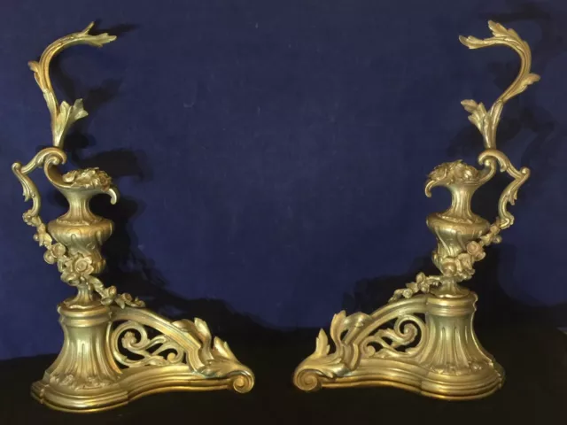 Exquisite Vintage French Bronze Rococo Andirons Chenets Louis XV Style  1900's