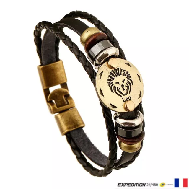 Bracelet pour Homme & Femme en Cuir Lion Signe Corde Tressé Noir Fermoir Acier