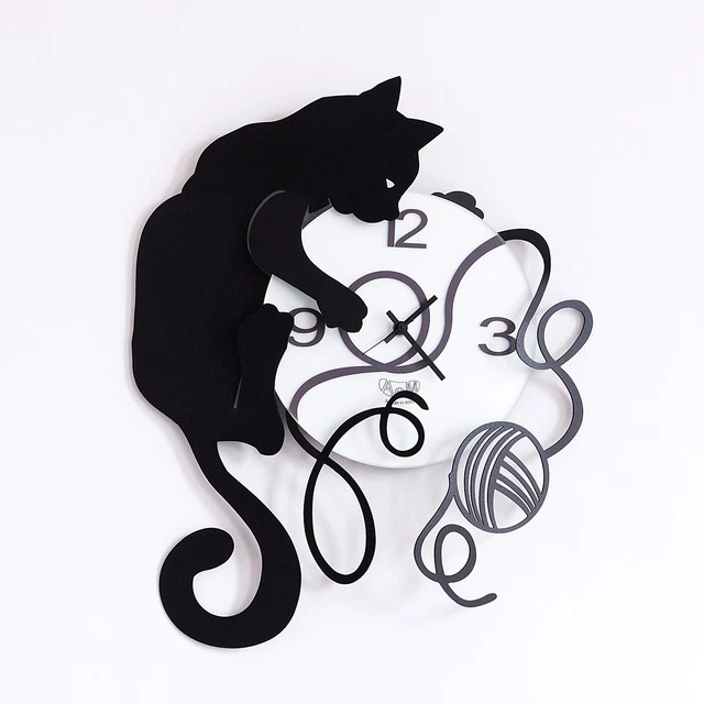 Arti e Mestieri Orologio da parete Gatto Gomitolo Metallo   Nero