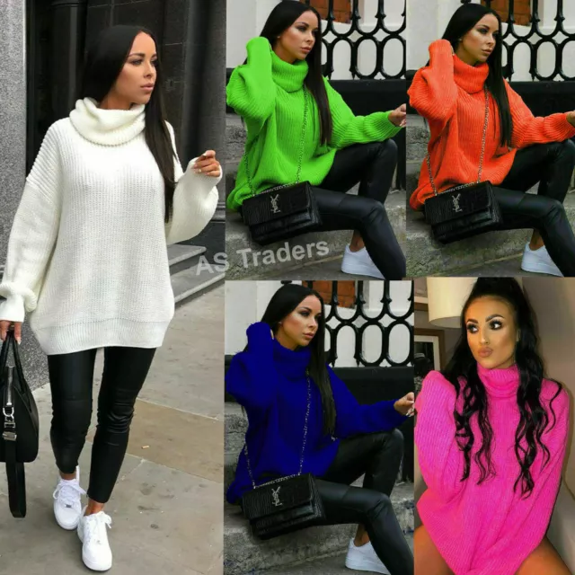 Women Chunky Knitted Baggy Ladies Oversized Jumper High Polo Roll Neck Top Dress