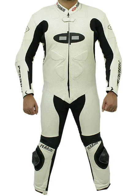 1pc Perrini Fusion Motorcycle Riding Racing Leather Suit w/ Padding & Hump White