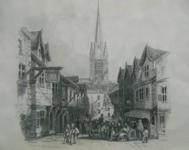 Original Victorian Engraving (1841) Norwich, Norfolk - Cathedral, Street Scene