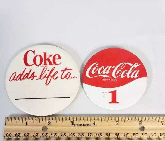 2 Red Coke Coca Cola Soda Advertising Button Pins Vintage 3in to 3.5in