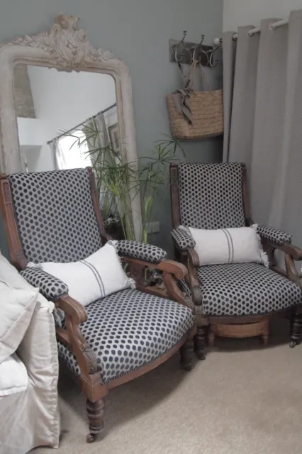 Beautiful Pair of Linen/Velvet Carved 19thC Deep Lounge Chairs