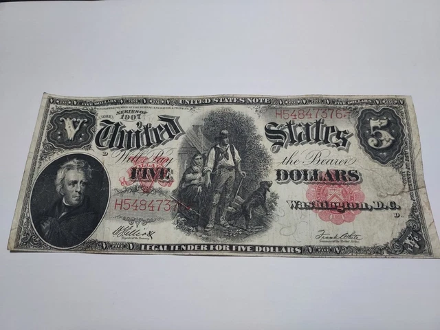 1907 $5 Dollar Bill United States Note Wood Chopper Popular Note! VF