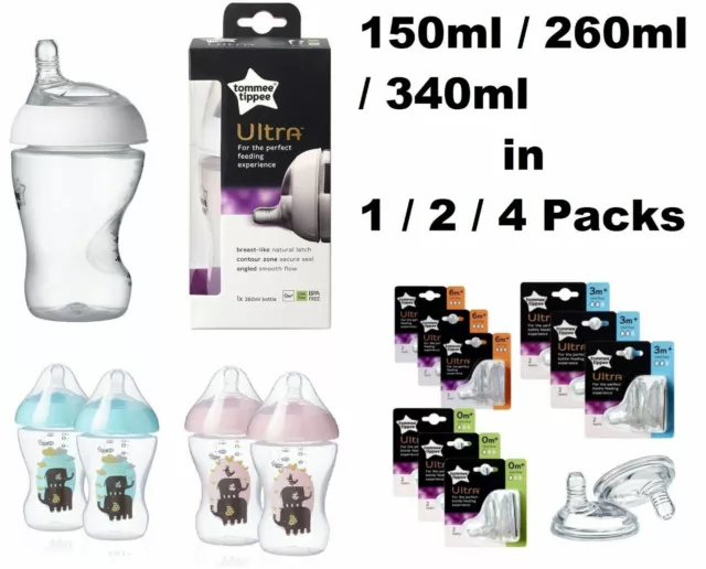 Tommee Tippee ULTRA Baby Feeding Bottles/Teats 150ml/260ml/340ml Clear/Blue/Pink